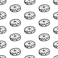 Donut seamless pattern. Doodle donut pattern with sweet glaze and sprinkles. Cartoon donut wrapper, wallpaper for cafe or restaurant decoration menu. National Donut Day, outline adult coloring page vector