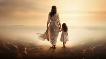 ai generado realidad foto madre y hija caminando mano en mano en el tarde