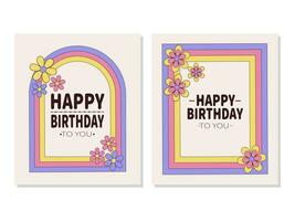 Birthday card set with flowers in groovy style. vector