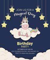 PrintBirthday party invitation card with unicorn, clouds, and stars vector