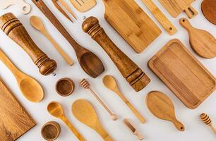 Kitchen wooden utensils, cooking tools on white background. Flat parallel diagonal layout. Kitchen beautiful background. cover. layout. photo