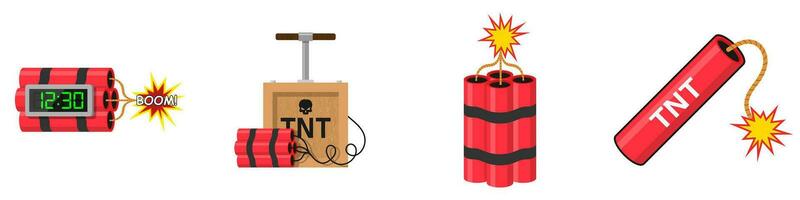 Set Tnt dynamite. Cartoon bomb with burning wick and explosive detonator, red stick mining blast charge, destroy firecracker fuse burning cable vector illustration