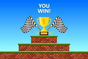 Arcade adventure prize coffin video game interface You Win text, computer game level up background. retro game screen Vector