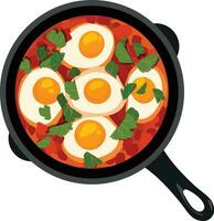 Top View Shakshuka, Poached Eggs in a Chunky Tomato Sauce. North African and Middle Eastern Food Illustration Vector. vector