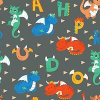 Dragons cartoon seamless pattern with ABC vector