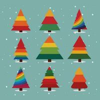 A festive ensemble comprising precisely 9 adorable rainbow Christmas pine trees, each exuding charm and merriment. vector