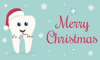 Cute tooth character in Santa hat. Merry Christmas banner template for dental clinic vector