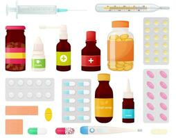 Cartoon medicine set. Bottles , pills, drugs, spay, thermometer, drops, plaster, syringe isolated on white vector