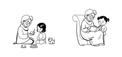 Grandma with granddaughter doing activities at home, reading, playing game, drink tea. Doodle style, outline, linear, thin line art, hand drawn sketch. vector