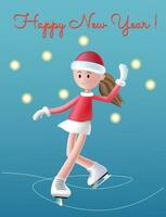 alegre Navidad y contento nuevo año saludo tarjeta. realista 3d diseño de figura patinador muchacha. vector ilustración
