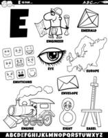 Letter E set with cartoon objects and characters coloring page vector