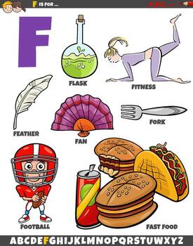 Letter F set with cartoon objects and characters vector