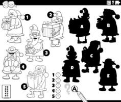 shadows game with cartoon Santa Clauses coloring page vector