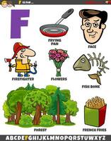 Letter F set with cartoon objects and characters vector