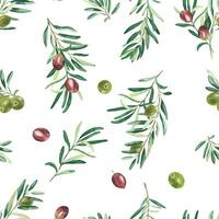 Watercolor seamless pattern with branches of green and red olives on a white background. Can be used for textile, wallpaper prints, kitchen, food and cosmetic design. vector