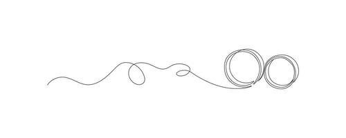 One continuous line drawing of two wedding rings. Subtle swirls and romantic symbols in a simple linear style. Editable stroke. Minimalistic Doodle vector illustration.