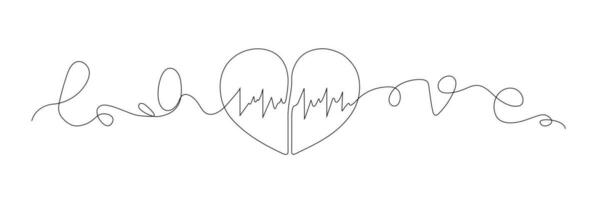 One continuous line drawing of two halves of a heart. Subtle swirls and romantic symbols in a simple linear style. Editable stroke. Minimalistic Doodle vector illustration.