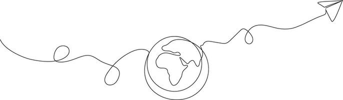 One line art drawing plane and globe. World traveler Concept. Single line draw design vector graphic illustration.