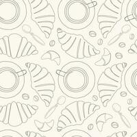 Cup, croissants, coffee beans and spoons, seamless pattern with icons. Illustration on the theme of breakfast. Vector background.