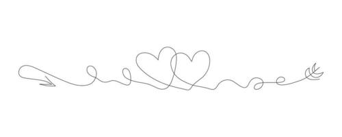 One continuous line drawing of two hearts. Subtle swirls and romantic symbols in a simple linear style. Editable stroke. Minimalistic Doodle vector illustration.