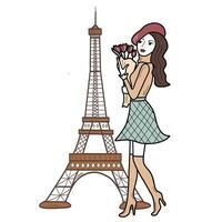Young girl in beret with bouquet on a background with Eiffel Tower in Paris. Vector flat illustration isolated.
