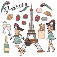 Hand drawn icon set with Paris symbols. Paris vintage style flat vector illustration in cartoon stile.