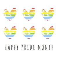 contento orgullo mes vector ilustración con lgbt arco iris bandera en corazones forma. aislado en blanco antecedentes. Perfecto para tarjeta, social medios de comunicación, póster, bandera y entonces en