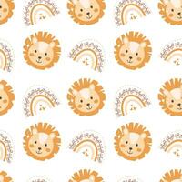 Cute seamless pattern with lion face and boho rainbow. Childish seamless vector pattern. Perfect for textile, wrapping paper, fabric