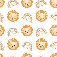 Cute seamless pattern with lion face and boho rainbow. Childish seamless vector pattern. Perfect for textile, wrapping paper, fabric