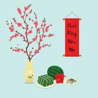 Set of elements for Tet holidays concept. Peach blossom, Happy New Year banner, banh chung, red envelopes, candy, watermelon. Vietnamese new year set vector illustration in cartoon style.