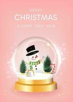 Merry Christmas and Happy New Year. Christmas winter snow glass ball, transparent dome. design Xmas green tree in snow, gift box, snowman. Vector illustration