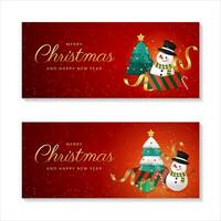 Merry Christmas and Happy New Year. Christmas banner set. A Xmas tree in gift box with ornaments around the red background. Vector illustration