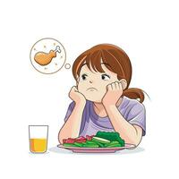 Healthy food. Cute little girls don't like vegetables. Vector illustration