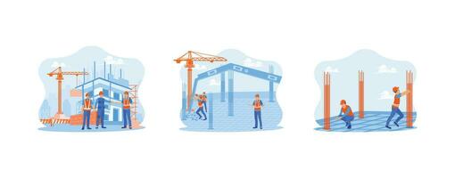 Architect and engineer construction concept. Construction team working on building project. Inspect and work on building sites of outdoor structures. set trend modern vector flat illustration