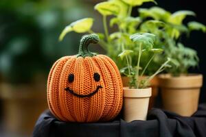 AI generated closeup of cute knitted pumpkin with house plants on background photo