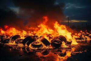 ai generado pila de ardiente antiguo usado llantas, llantas son en fuego con negro fumar foto