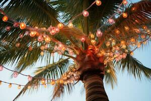 ai generado palma árbol decorado con Navidad guirnalda foto