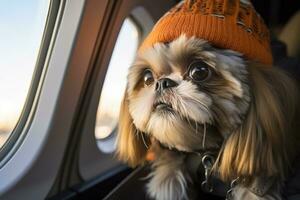 ai generado retrato de un linda mullido perro en naranja de punto sombrero mirando fuera el avión ventana foto