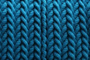 AI generated blue knitted wool fabric texture background, soft and cozy patterned surface photo