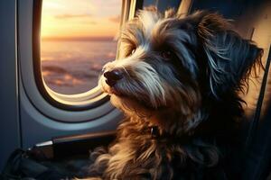 AI generated portrait of a cute fluffy dog looking out the airplane window photo