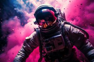 ai generado astronauta en un traje espacial y casco en contra un antecedentes de rosado nebulosa foto