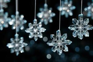 AI generated Selective focus close up of crystal shiny decorative snowflakes on cold dark blurred background photo