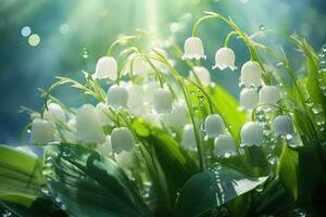 AI generated bouquet of lilies of the valley with water drops on a blurred bokeh background photo