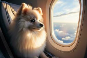 AI generated portrait of a cute fluffy white dog looking out the airplane window photo