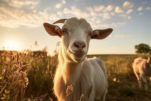 ai generado retrato de un blanco agricultura cabra a puesta de sol en un campo foto