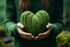 AI generated woman holding a green knitted heart in her hands photo