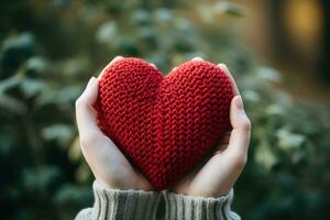 AI generated female hands holding a red knitted heart photo