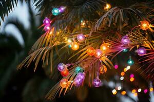 ai generado de cerca palma árbol decorado con Navidad guirnalda foto