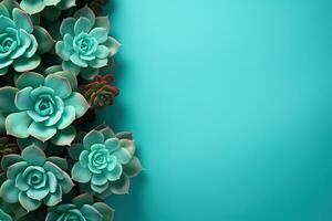 AI generated succulent frame on blue background top view, beautiful floral template with copy space photo