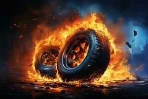 AI generated closeup burning old used tires photo